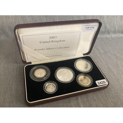 214 - Cased 2003 United Kingdom Family Silver Collection Royal Mint 5 coin set with certificate of authent... 