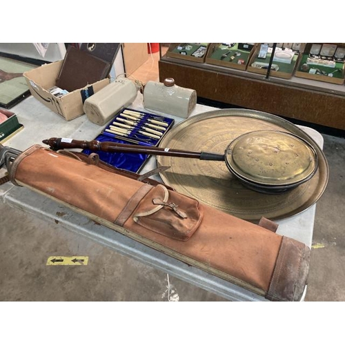 370 - Brass charger 58cm diameter, brass bed warming pan, 2 stoneware hot water bottles, cased fish knives... 