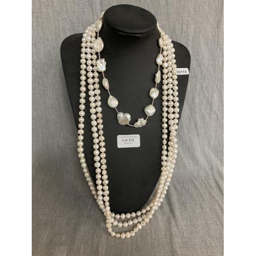 372 - Three long fresh water pearl necklaces & fresh water & bead necklace with magnetic clasp