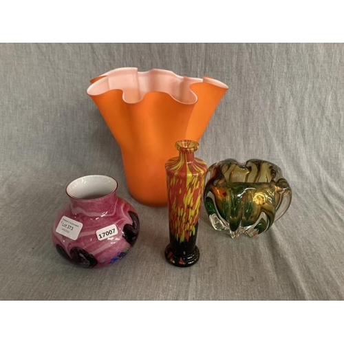 373 - Pink Caithness vase, Murano vase & 2 art glass vases