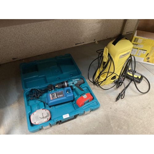 422 - Cased Makita 8391D drill with two batteries & charger & a Karcher K2 pressure washer