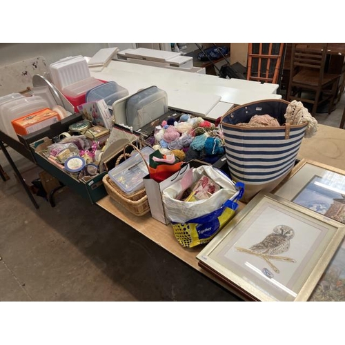 424 - 3 boxes of kitchenalia, box of wool/yarn, box of flower arranging items etc