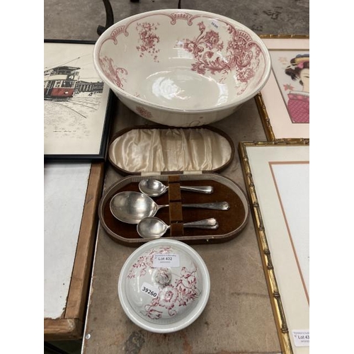 432 - Melrose wash bowl, cased Amora plated spoons (6+1) etc