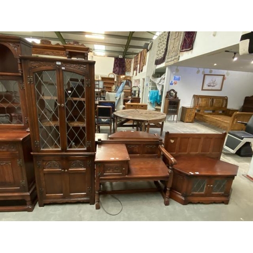 62 - Old Charm oak corner display cupboard 168H 70W 36D, Old Charm oak telephone table 75H 93W 52D, Oak O... 