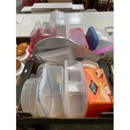 424 - 3 boxes of kitchenalia, box of wool/yarn, box of flower arranging items etc