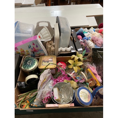 424 - 3 boxes of kitchenalia, box of wool/yarn, box of flower arranging items etc