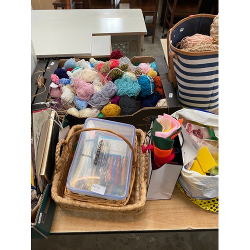 424 - 3 boxes of kitchenalia, box of wool/yarn, box of flower arranging items etc