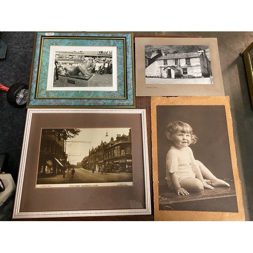 326 - Box of pictures & black & white photographs including Skipton Castle, Stone Head St Mary's Beverley,... 