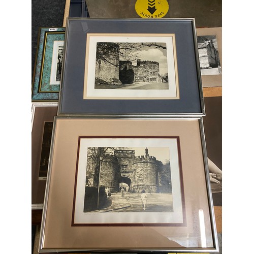 326 - Box of pictures & black & white photographs including Skipton Castle, Stone Head St Mary's Beverley,... 