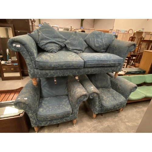 103 - Blue Dragon upholstered 3 piece suite (settee 197W & 2 chairs 110W)