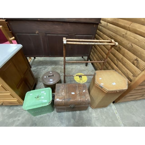 109 - Towel rail, enamel bread tin, metal trunk etc