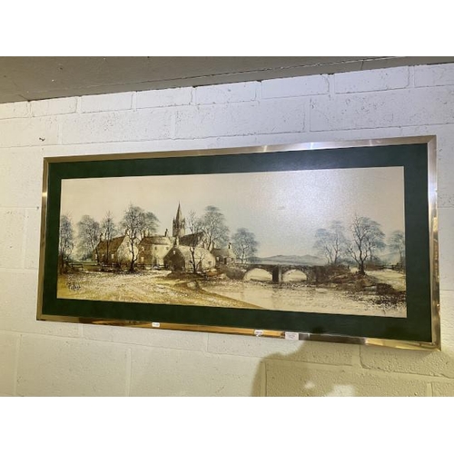 114 - Chrome framed 1970s print of Hamlet Bridge by Folland (59H x 129w)