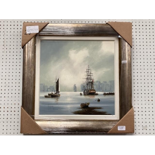 384 - Original framed oil by Ken Hammond of Harbour boats 56 x 56cm