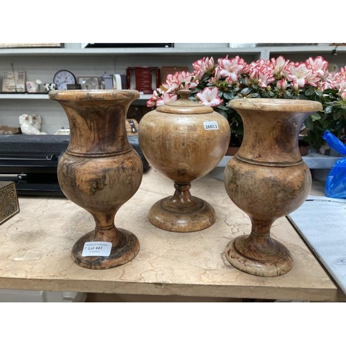 443 - Pair of treen candle stands and a treen urn