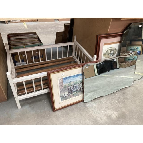 462 - 2 frameless mirrors 68 x 41 & 69 x 51, pencil signed print by G Chamberg and farmyard scenes etc