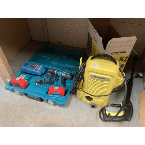 466 - Cased Makita 8391D drill with two batteries & charger & a Karcher K2 pressure washer