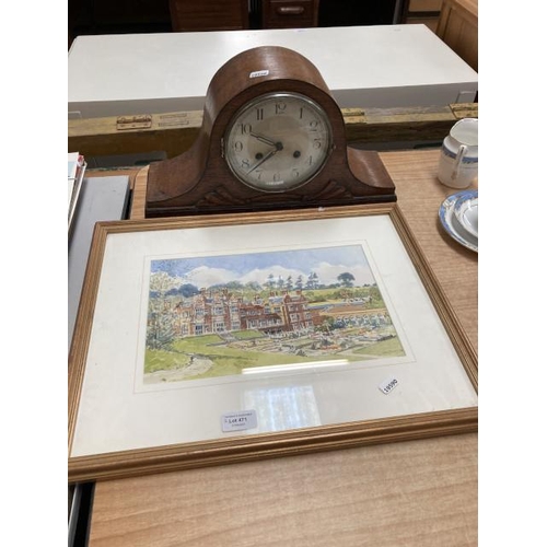 471 - Oak cased Napoleon mantle clock (with key & pendulum) and The Welcombe Hotel watercolour