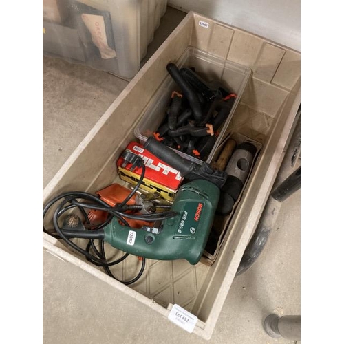 482 - Box of tools including Bosch PSB-600-2 hammer drill, HILTI BDI punch, Thor soft faced hammer set etc