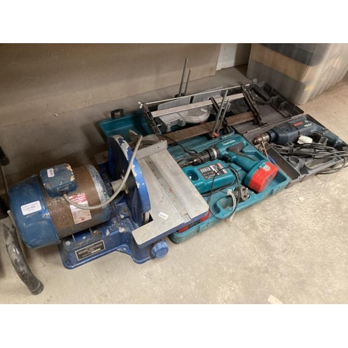 496 - Makita drill 8390D with 2 batteries and charger, Bosch GSB18.2 drill and a disc sander etc