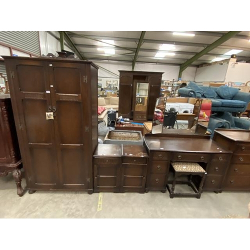 80 - Oak 2 door wardrobe 180H 96W 56D, 2 bedside cabinets 64H 40W 37D and a matching dressing table 143H ... 