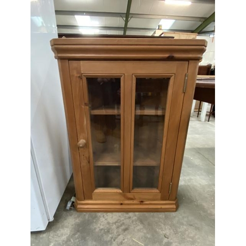 84 - Pine glazed corner cabinet 90H 64W 34D