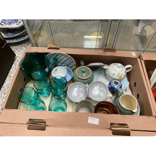 411 - 3 boxes of collectables including glass dessert set, Portmerrion, onyx cigarette box, Denby jug, Roy... 