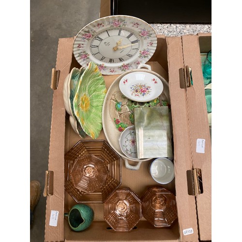 411 - 3 boxes of collectables including glass dessert set, Portmerrion, onyx cigarette box, Denby jug, Roy... 