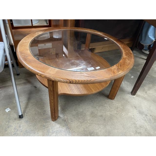 133 - Mid century oak & glass occasional table 44H 83diam