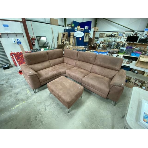 139 - Brown suede electric reclining corner sofa 100H 197W 275D and a matching footstool