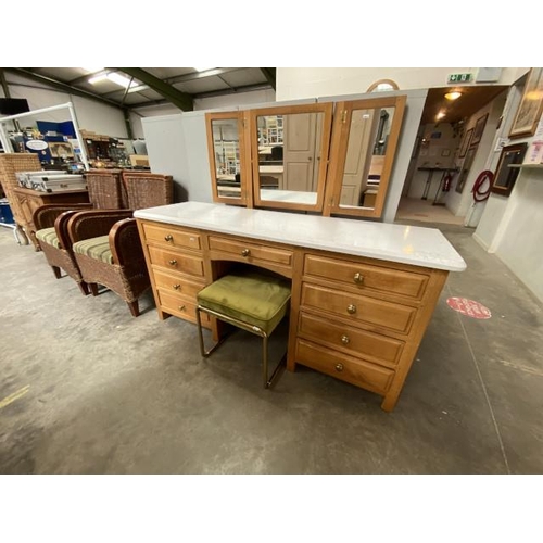 146 - Pine kneehole dressing table with marble effect top 129H 154W 50D & stool