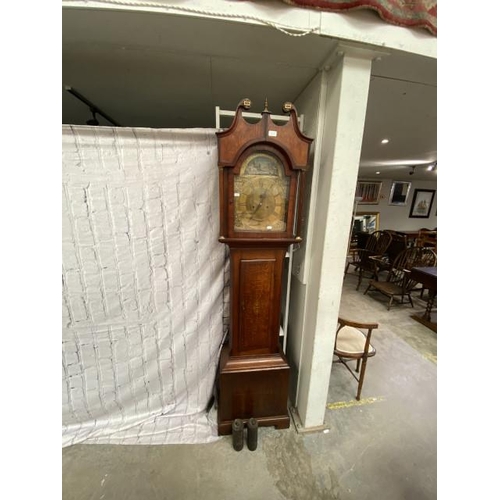 148 - 18th century oak inlaid 8 day longcase clock with pendulum and 2 weights 211H 49W 26D