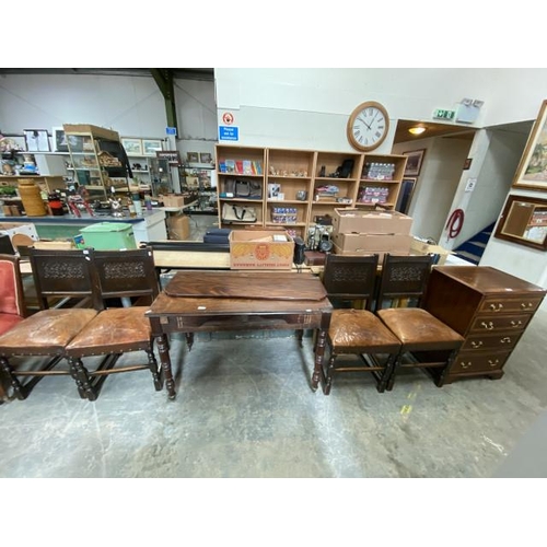 158 - 4 oak and leather dining chairs, Georgian mahogany drop leaf table (as found) 74H 107W 58D & a mahog... 