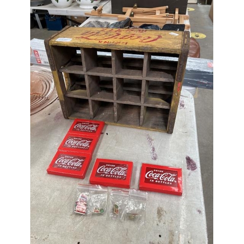 507 - Vintage Coca Cola wooden drinks crate, Coca Cola pins, Coca Cola card cases