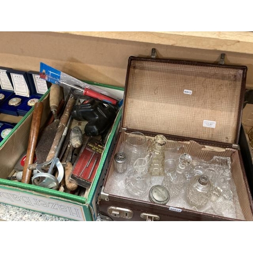 467 - Vintage travel case containing antique glass scent bottles, fern etched glass jug etc. & box of hand... 