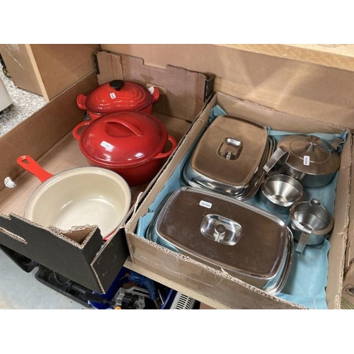 472 - 2 Le Creuset (red) pans & 1 other & 5 pieces of R. Welch Old Hall  stainless steel wares