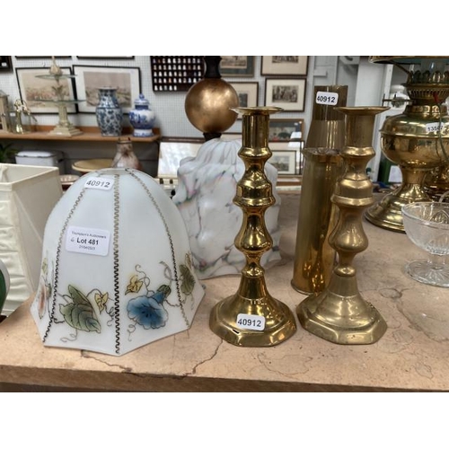 481 - Pair of brass candlesticks, 2 trench art brass shells & 2 Art Nouveau glass shades