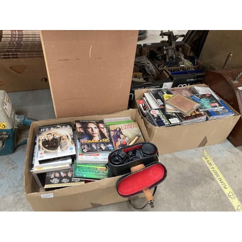 511 - Cased Commodore 6x-14x32 binoculars & 2 boxes of CD's & DVD's