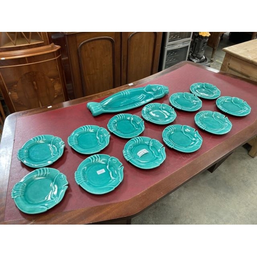 563 - Magdalithe, France glazed fish platter and 12 matching plates