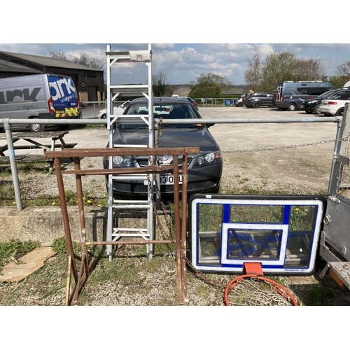 578 - Wall mounted Reebok basketball hoop, 2 trestle stands and Easiway loft ladders