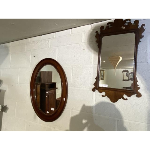 65 - Georgian mahogany fretwork mirror 74 x 40cm & a Victorian mahogany framed oval mirror 73 x 58cm