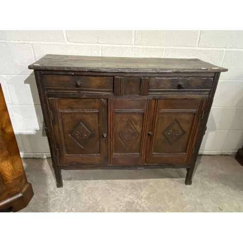 66 - Period carved oak sideboard with wooden joints 91H 107W 37D