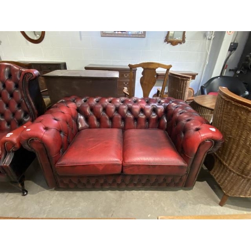 75 - Ox blood leather Chesterfield  button back 2 seater settee 155W