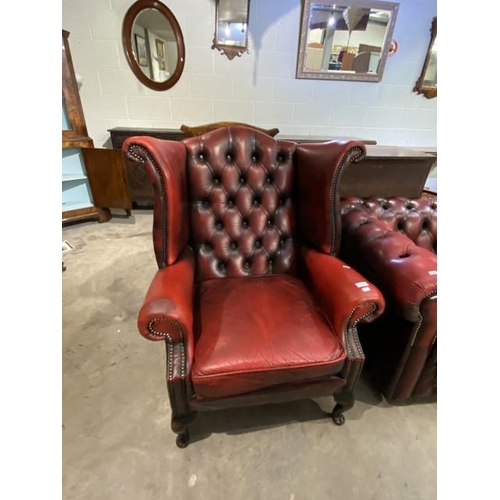 76 - Ox blood leather Chesterfield button back wing armchair 81W