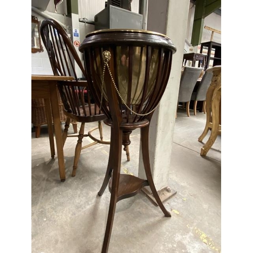 86 - Victorian mahogany plant stand with brass planter 85H 35 diameter