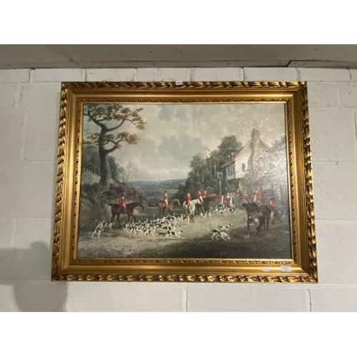 96 - Gilt framed oleograph of a hunting scene 75 x 95cm