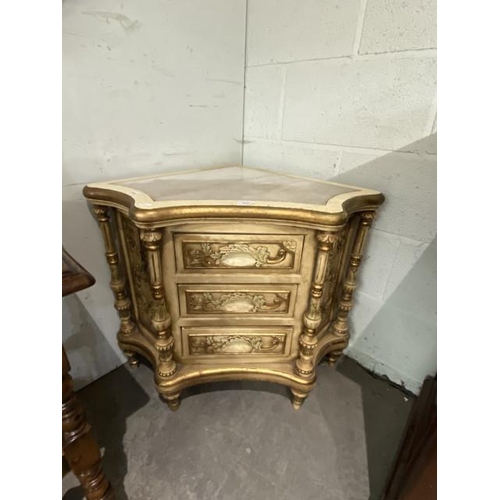 97 - French gilt 3 drawer corner chest 66H 58W 58D