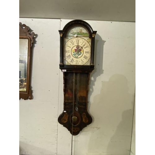 98 - Late 19th century hand painted Dutch Starclok wall clock with pendulum and weights 130H 41W 22D, ful... 