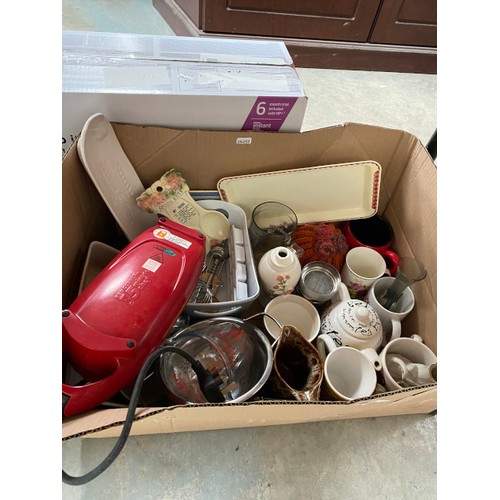 505 - Brass oil lamp converted to electric, box of soft toys, 3 boxes of collectables Inc. paperweights, m... 