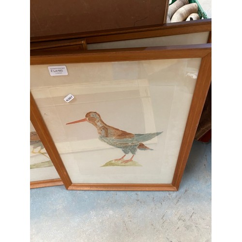 502 - 4 framed watercolours of birds Inc. Curlew, 2 medieval prints  etc.