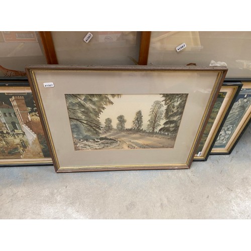 502 - 4 framed watercolours of birds Inc. Curlew, 2 medieval prints  etc.